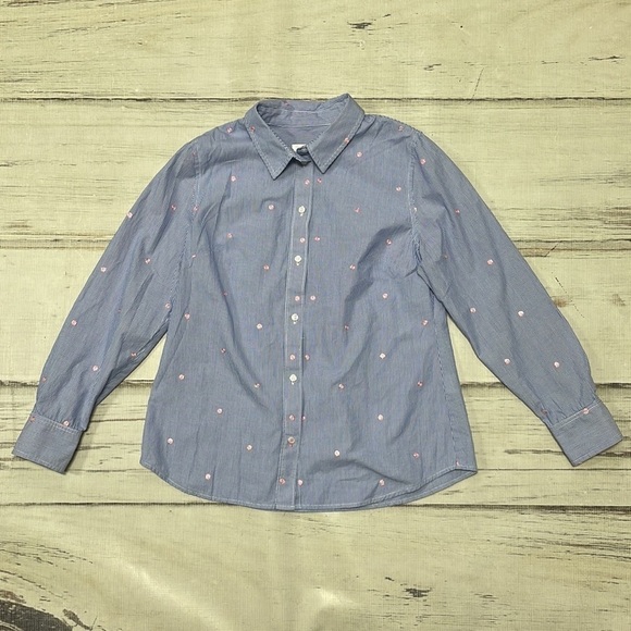 1901 Blue Shirt Top Button Up Stripes Pink Polka Dots Size Small - Picture 7 of 10